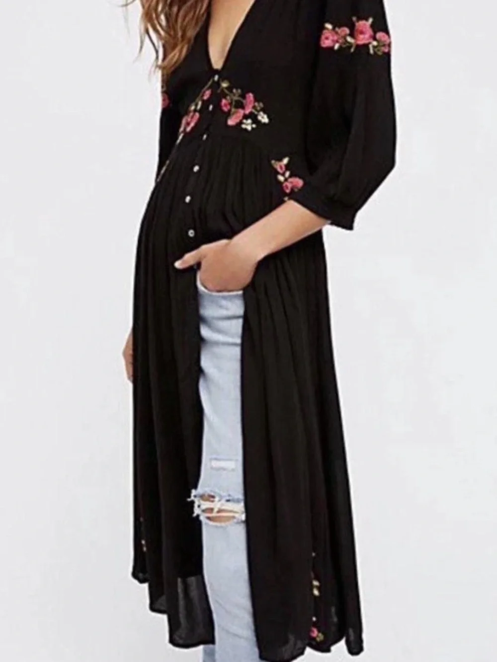 Free People Day Flow Black Floral Embroidered Midi Dress